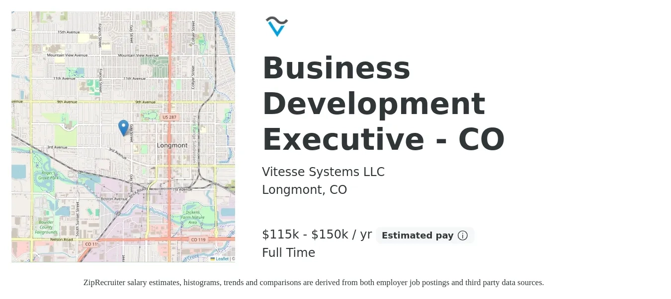 Vitesse Systems LLC job posting for a Business Development Executive - CO in Longmont, CO with a salary of $115,000 to $150,000 Yearly with a map of Longmont location.