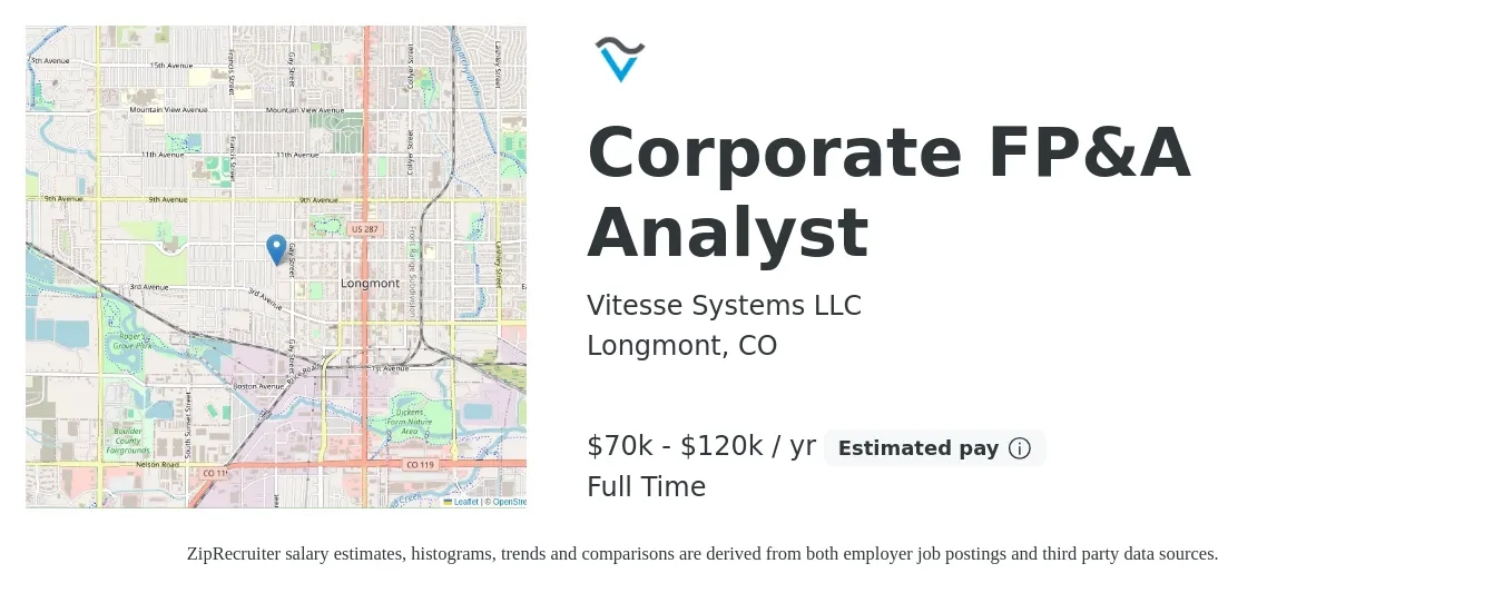 Vitesse Systems LLC job posting for a Corporate FP&A Analyst in Longmont, CO with a salary of $70,000 to $120,000 Yearly with a map of Longmont location.
