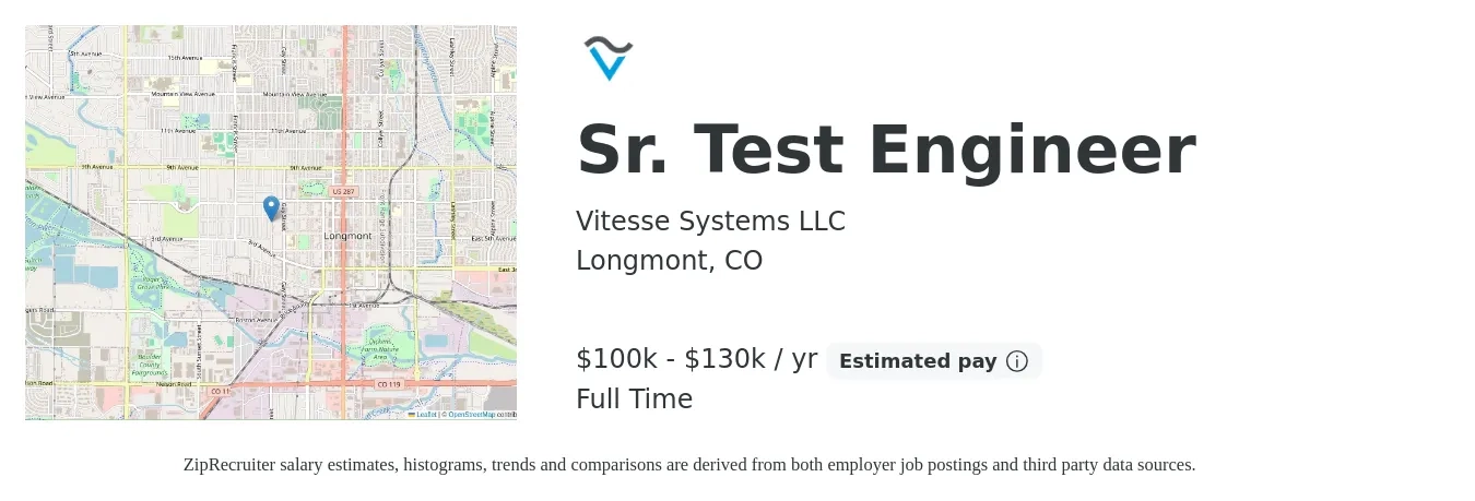 Vitesse Systems LLC job posting for a Sr. Test Engineer in Longmont, CO with a salary of $100,000 to $130,000 Yearly with a map of Longmont location.