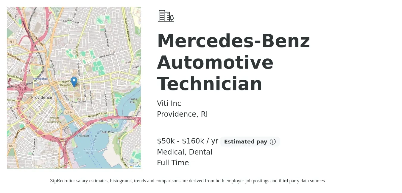 Viti Inc job posting for a Mercedes-Benz Automotive Technician in Providence, RI with a salary of $50,000 to $160,000 Yearly and benefits including medical, retirement, and dental with a map of Providence location.
