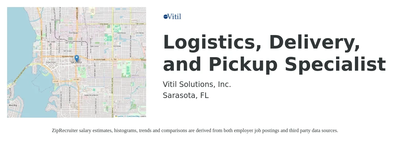 Vitil Solutions, Inc. job posting for a Logistics, Delivery, and Pickup Specialist in Sarasota, FL with a salary of $18 Hourly with a map of Sarasota location.