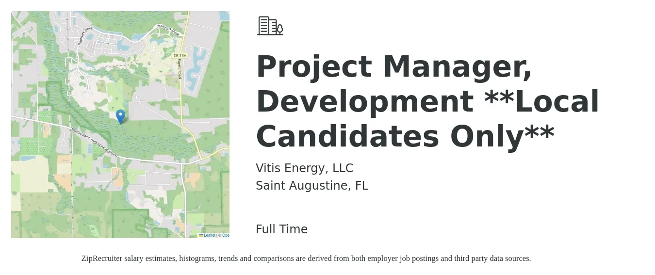Vitis Energy, LLC job posting for a Project Manager - Development (Local Candidates Only) in Saint Augustine, FL with a salary of $66,700 to $94,700 Yearly with a map of Saint Augustine location.
