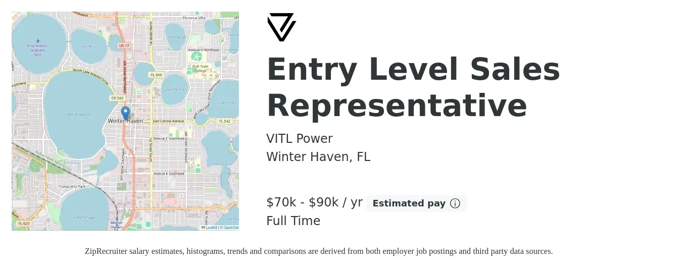 VITL Power job posting for a Entry Level Sales Representative in Winter Haven, FL with a salary of $70,000 to $90,000 Yearly with a map of Winter Haven location.