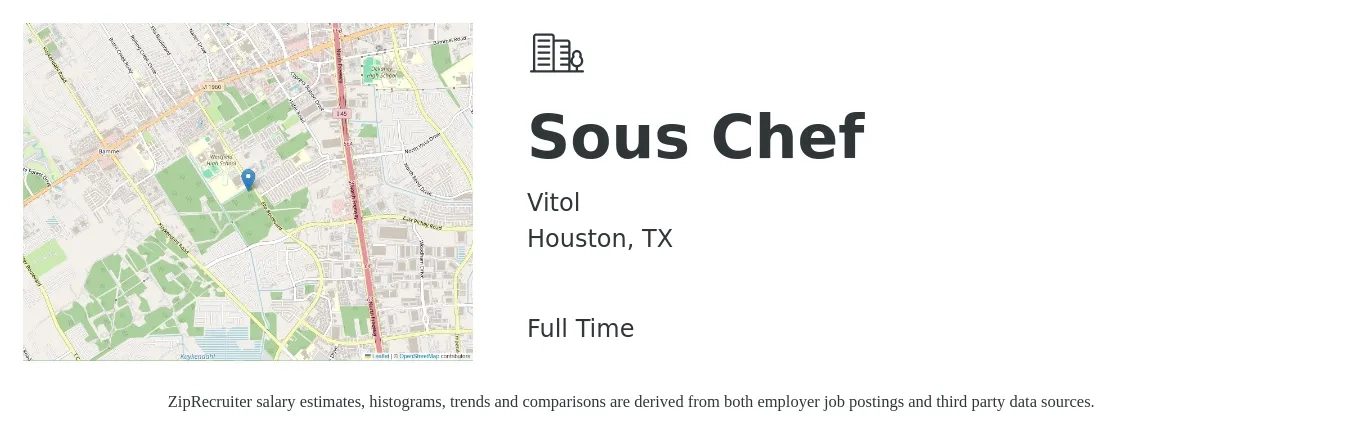 Vitol job posting for a Sous Chef in Houston, TX with a salary of $47,700 to $64,500 Yearly with a map of Houston location.