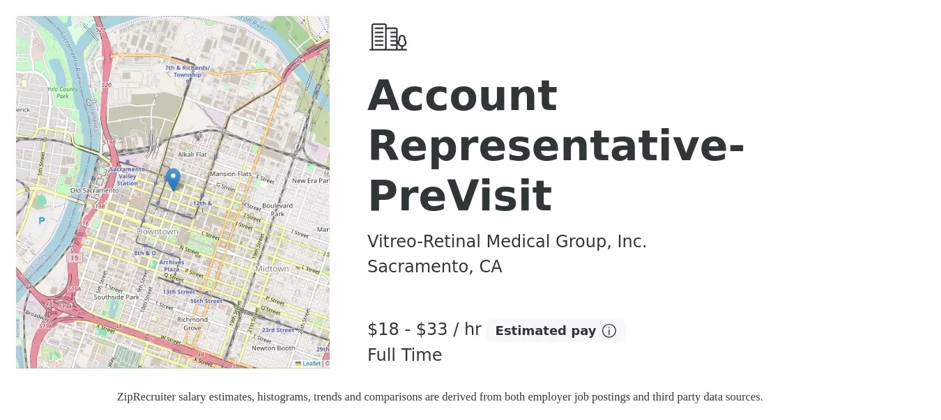 Vitreo-Retinal Medical Group, Inc. job posting for a Account Representative- PreVisit in Sacramento, CA with a salary of $19 to $35 Hourly with a map of Sacramento location.