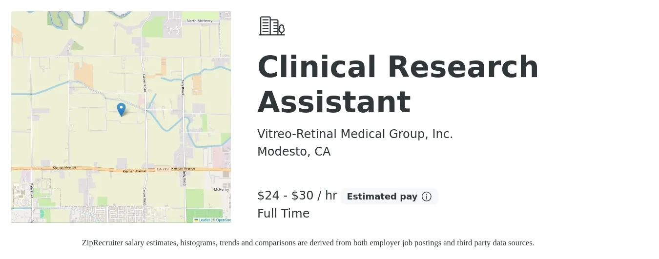 Vitreo-Retinal Medical Group, Inc. job posting for a Clinical Research Assistant in Modesto, CA with a salary of $25 to $32 Hourly with a map of Modesto location.