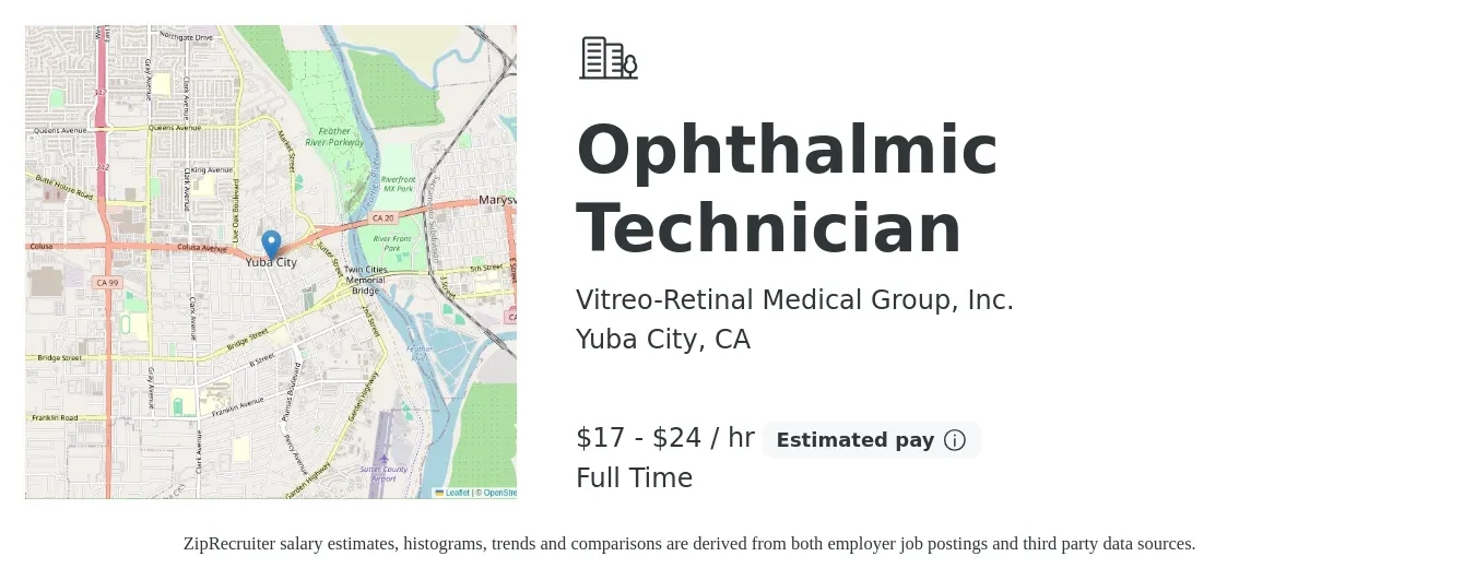 Vitreo-Retinal Medical Group, Inc. job posting for a Ophthalmic Technician in Yuba City, CA with a salary of $18 to $25 Hourly with a map of Yuba City location.