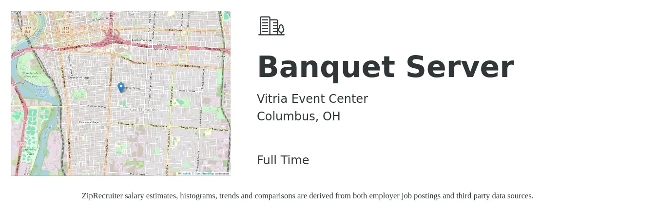 Vitria Event Center job posting for a Banquet Server in Columbus, OH with a salary of $14 to $18 Hourly with a map of Columbus location.
