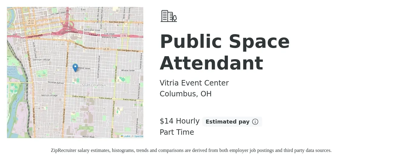 Vitria Event Center job posting for a Public Space Attendant in Columbus, OH with a salary of $15 Hourly with a map of Columbus location.