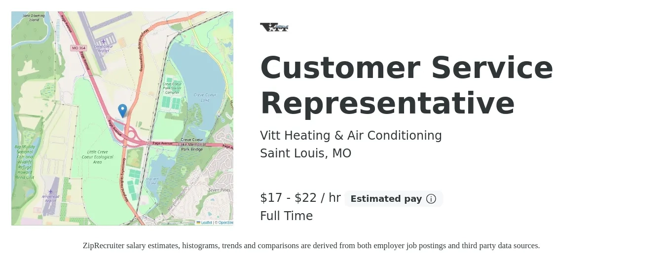 Vitt Heating & Air Conditioning job posting for a Customer Service Representative in Saint Louis, MO with a salary of $18 to $24 Hourly with a map of Saint Louis location.