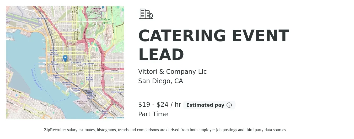 Vittori & Company Llc job posting for a CATERING EVENT LEAD in San Diego, CA with a salary of $20 to $25 Hourly with a map of San Diego location.