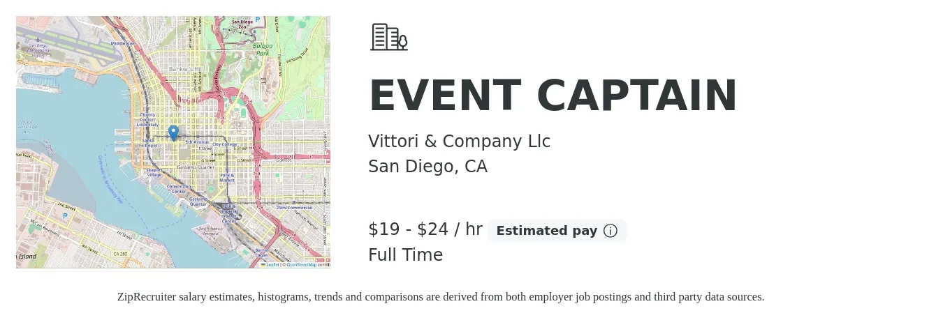 Vittori & Company Llc job posting for a EVENT CAPTAIN in San Diego, CA with a salary of $20 to $25 Hourly with a map of San Diego location.