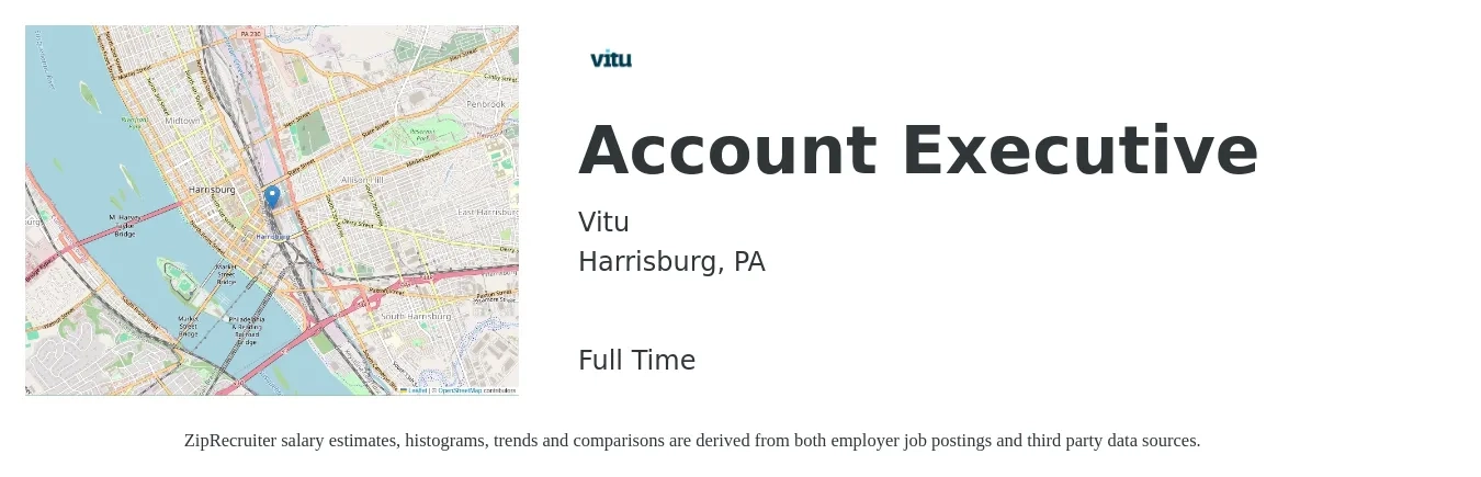 Vitu job posting for a Account Executive in Harrisburg, PA with a salary of $53,300 to $93,800 Yearly with a map of Harrisburg location.