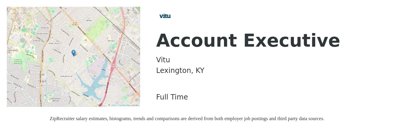 Vitu job posting for a Account Executive in Lexington, KY with a salary of $53,700 to $94,400 Yearly with a map of Lexington location.