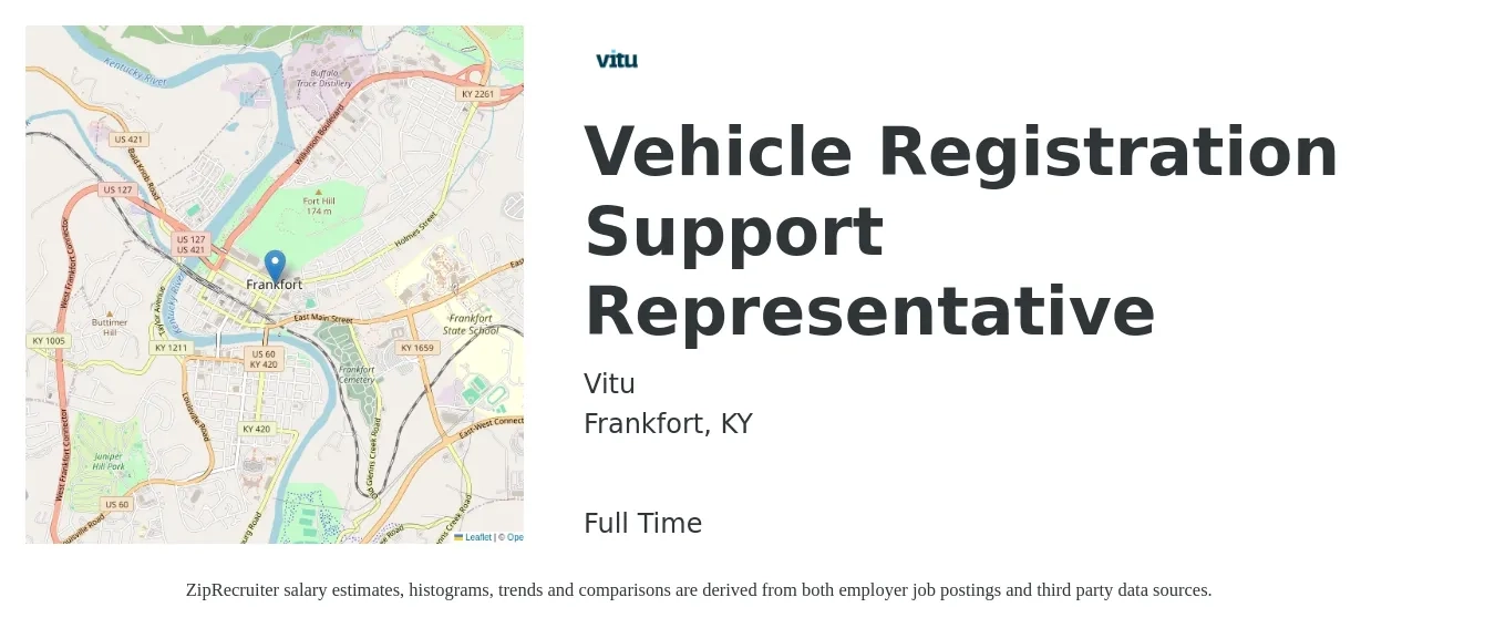 Vitu job posting for a Vehicle Registration Support Representative in Frankfort, KY with a salary of $15 to $19 Hourly with a map of Frankfort location.