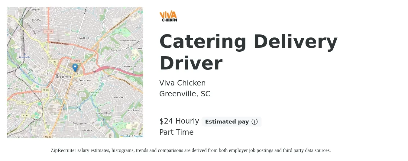 Viva Chicken job posting for a Catering Delivery Driver in Greenville, SC with a salary of $25 Hourly with a map of Greenville location.