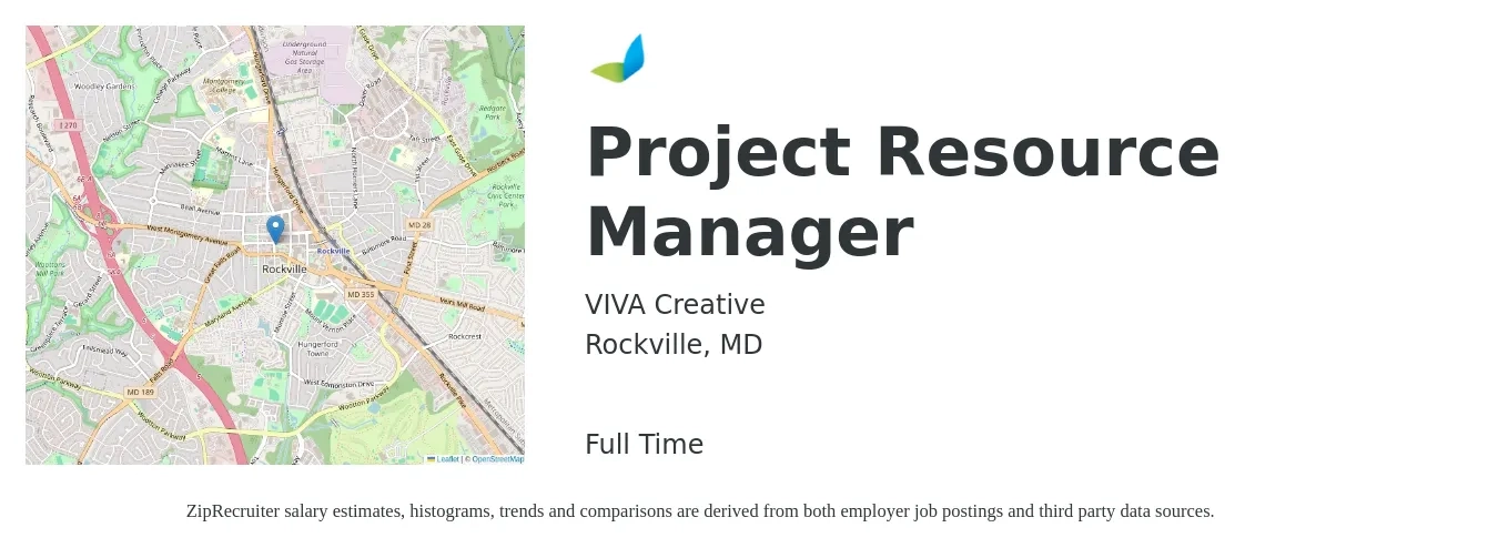 VIVA Creative job posting for a Project Resource Manager in Rockville, MD with a salary of $80,000 to $125,400 Yearly with a map of Rockville location.