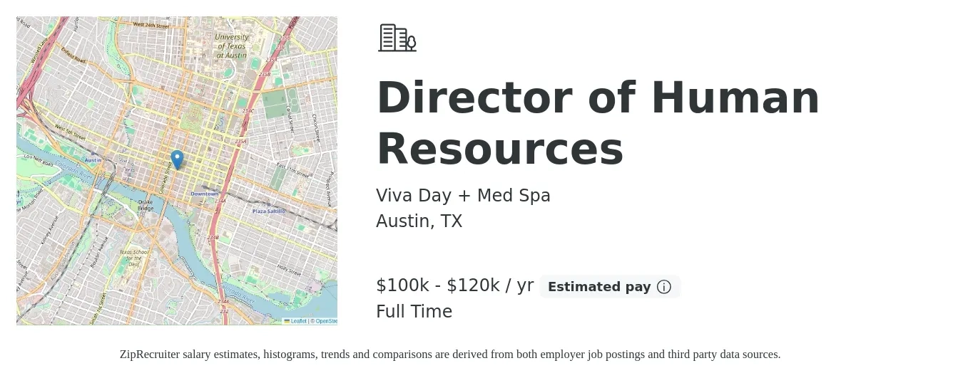 Viva Day + Med Spa job posting for a Director of Human Resources in Austin, TX with a salary of $100,000 to $120,000 Yearly with a map of Austin location.