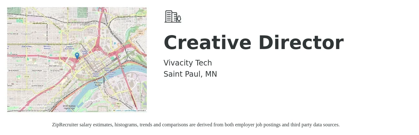 Vivacity Tech job posting for a Creative Director in Saint Paul, MN with a salary of $99,800 to $152,400 Yearly with a map of Saint Paul location.