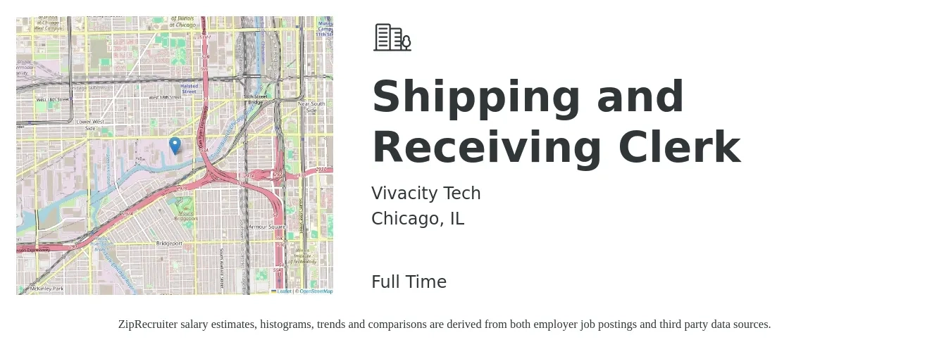Vivacity Tech job posting for a Shipping and Receiving Clerk in Chicago, IL with a salary of $18 to $20 Hourly with a map of Chicago location.