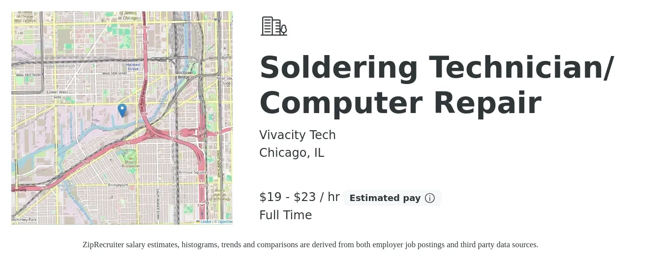 Vivacity Tech job posting for a Soldering Technician/ Computer Repair in Chicago, IL with a salary of $20 to $24 Hourly with a map of Chicago location.