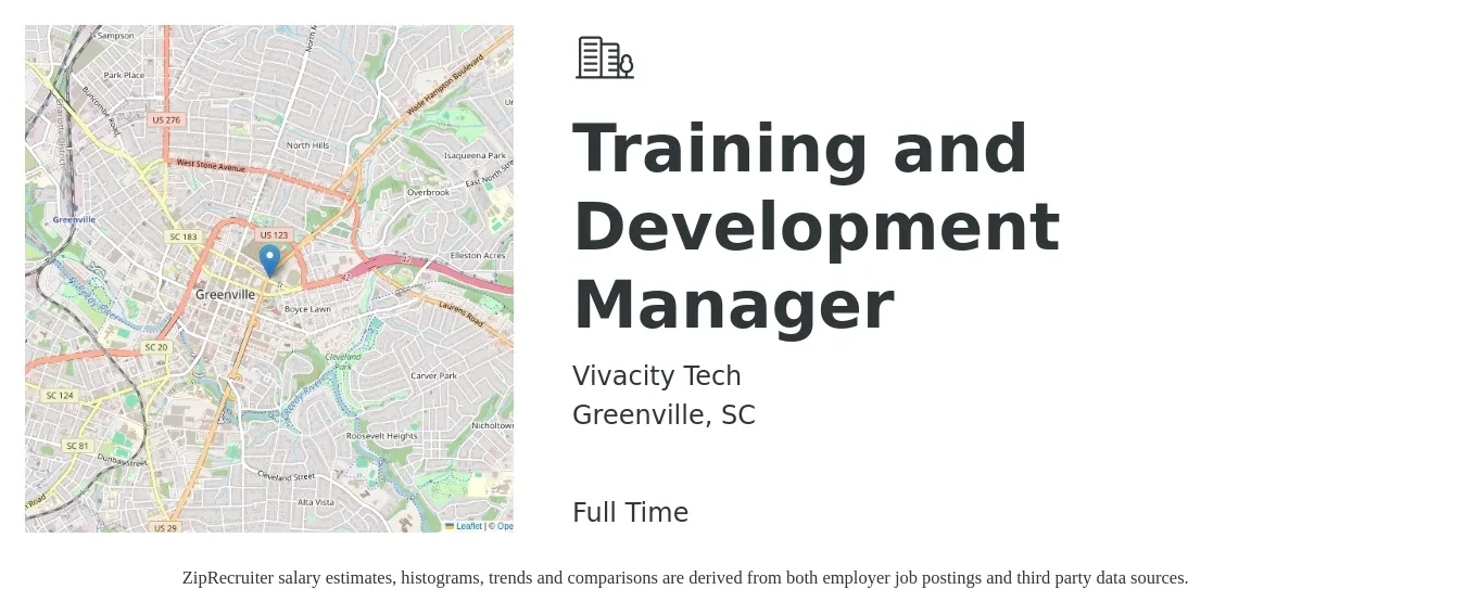 Vivacity Tech job posting for a Training and Development Manager in Greenville, SC with a salary of $54,400 to $89,700 Yearly with a map of Greenville location.