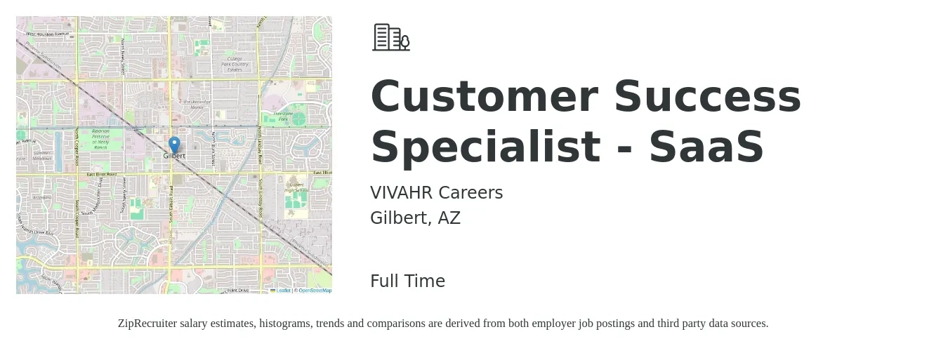 VIVAHR Careers job posting for a Customer Success Specialist - SaaS in Gilbert, AZ with a salary of $18 to $25 Hourly with a map of Gilbert location.