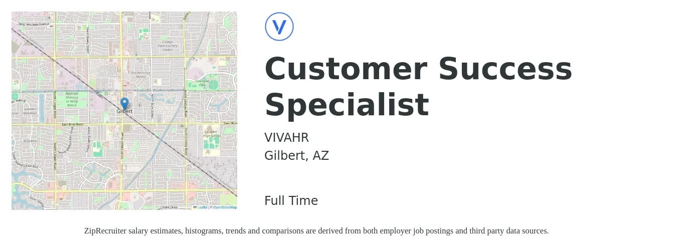 VIVAHR job posting for a Customer Success Specialist in Gilbert, AZ with a salary of $18 to $25 Hourly with a map of Gilbert location.