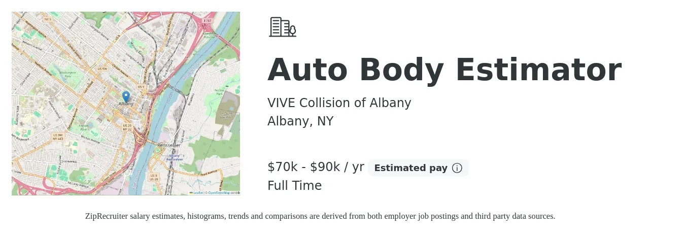 VIVE Collision of Albany job posting for a Auto Body Estimator in Albany, NY with a salary of $70,000 to $90,000 Yearly with a map of Albany location.