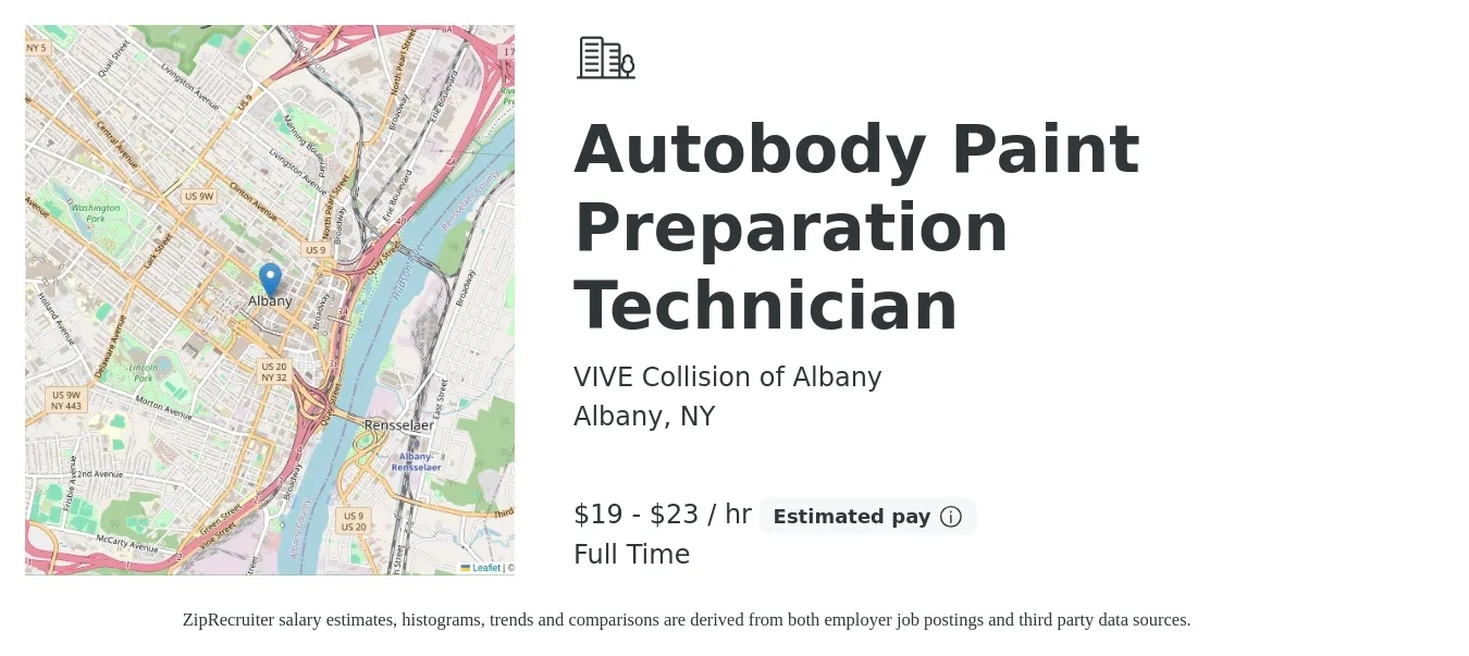VIVE Collision of Albany job posting for a Autobody Paint Preparation Technician in Albany, NY with a salary of $20 to $24 Hourly with a map of Albany location.