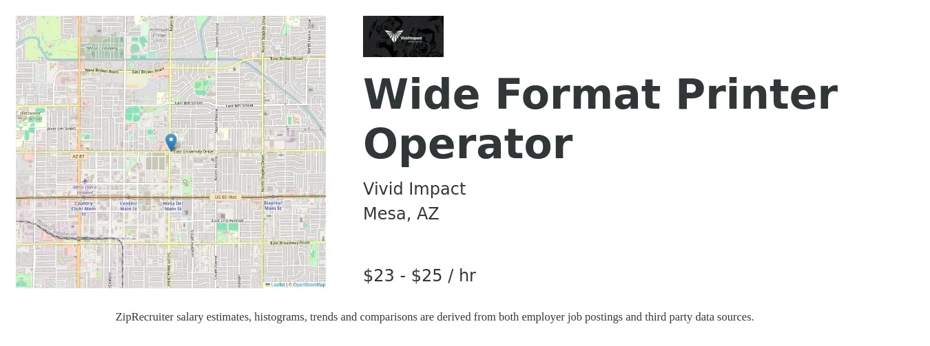 Vivid Impact job posting for a Wide Format Printer Operator in Mesa, AZ with a salary of $24 to $27 Hourly with a map of Mesa location.