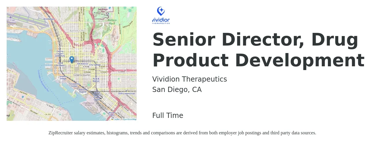 Vividion Therapeutics, Inc job posting for a Senior Director, Drug Product Development in San Diego, CA with a salary of $139,400 to $196,700 Yearly with a map of San Diego location.