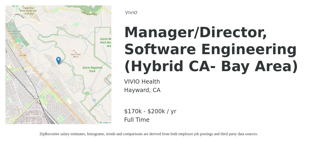 VIVIO Health job posting for a Manager/Director, Software Engineering (Hybrid CA- Bay Area) in Hayward, CA with a salary of $170,000 to $200,000 Yearly with a map of Hayward location.