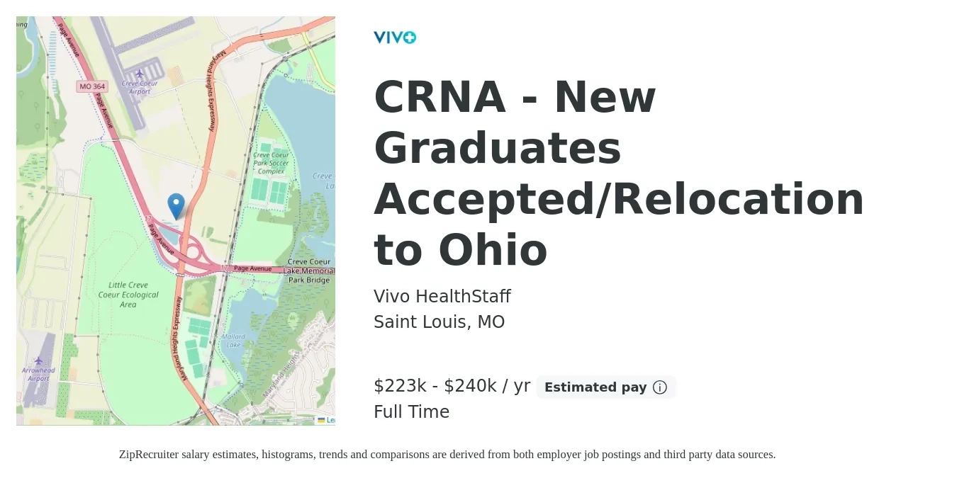 Vivo HealthStaff job posting for a CRNA - New Graduates Accepted/Relocation to Ohio in Saint Louis, MO with a salary of $223,000 to $240,000 Yearly with a map of Saint Louis location.