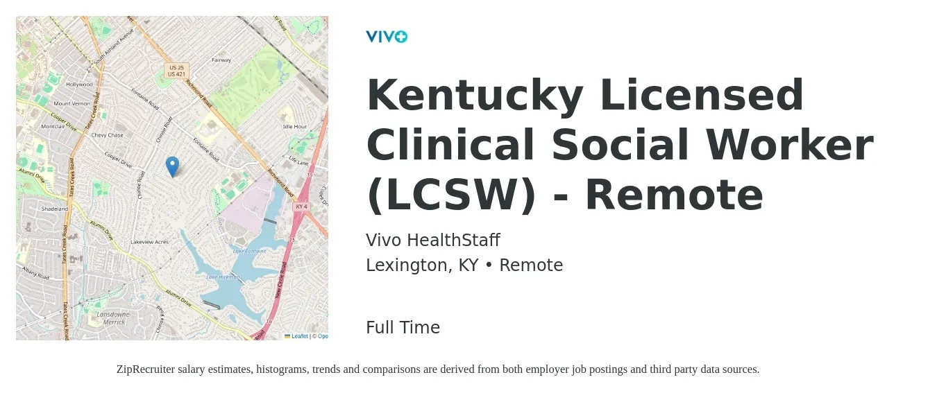 Vivo HealthStaff job posting for a Kentucky Licensed Clinical Social Worker (LCSW) - Remote in Lexington, KY with a salary of $71,600 to $111,300 Yearly with a map of Lexington location.