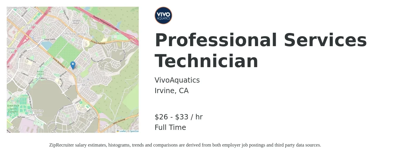 VivoAquatics job posting for a Professional Services Technician in Irvine, CA with a salary of $28 to $35 Hourly with a map of Irvine location.