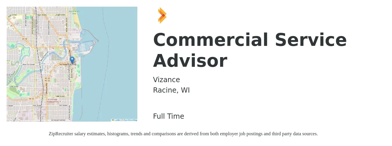 Vizance job posting for a Commercial Service Advisor in Racine, WI with a salary of $18 to $29 Hourly with a map of Racine location.