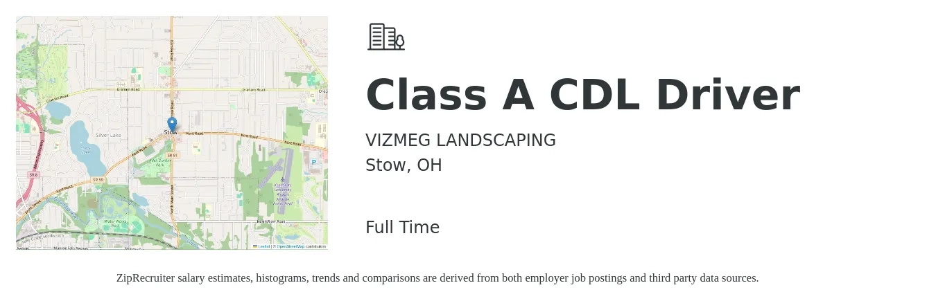 VIZMEG LANDSCAPING job posting for a Class A CDL Driver in Stow, OH with a salary of $23 to $39 Hourly with a map of Stow location.