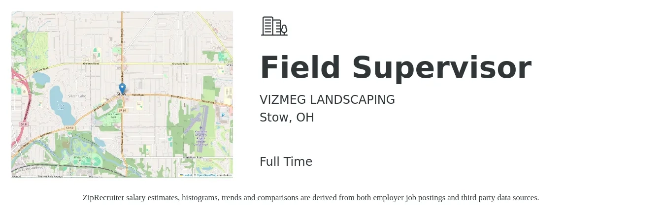 VIZMEG LANDSCAPING job posting for a Field Supervisor in Stow, OH with a salary of $18 to $26 Hourly with a map of Stow location.