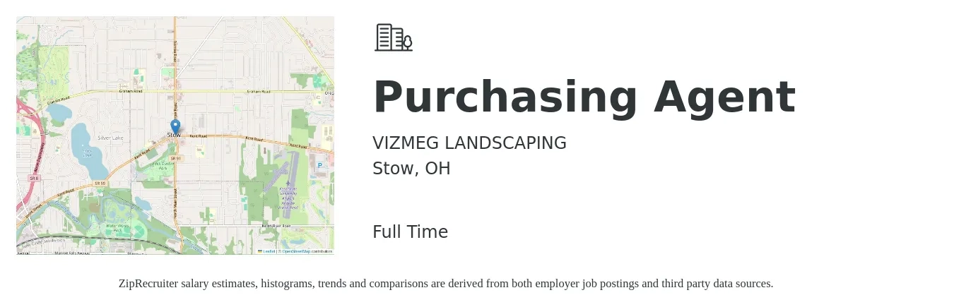 VIZMEG LANDSCAPING job posting for a Purchasing Agent in Stow, OH with a salary of $39,300 to $54,900 Yearly with a map of Stow location.