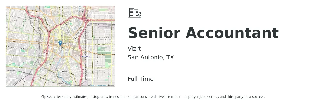 Vizrt job posting for a Senior Accountant in San Antonio, TX with a salary of $66,700 to $83,900 Yearly with a map of San Antonio location.
