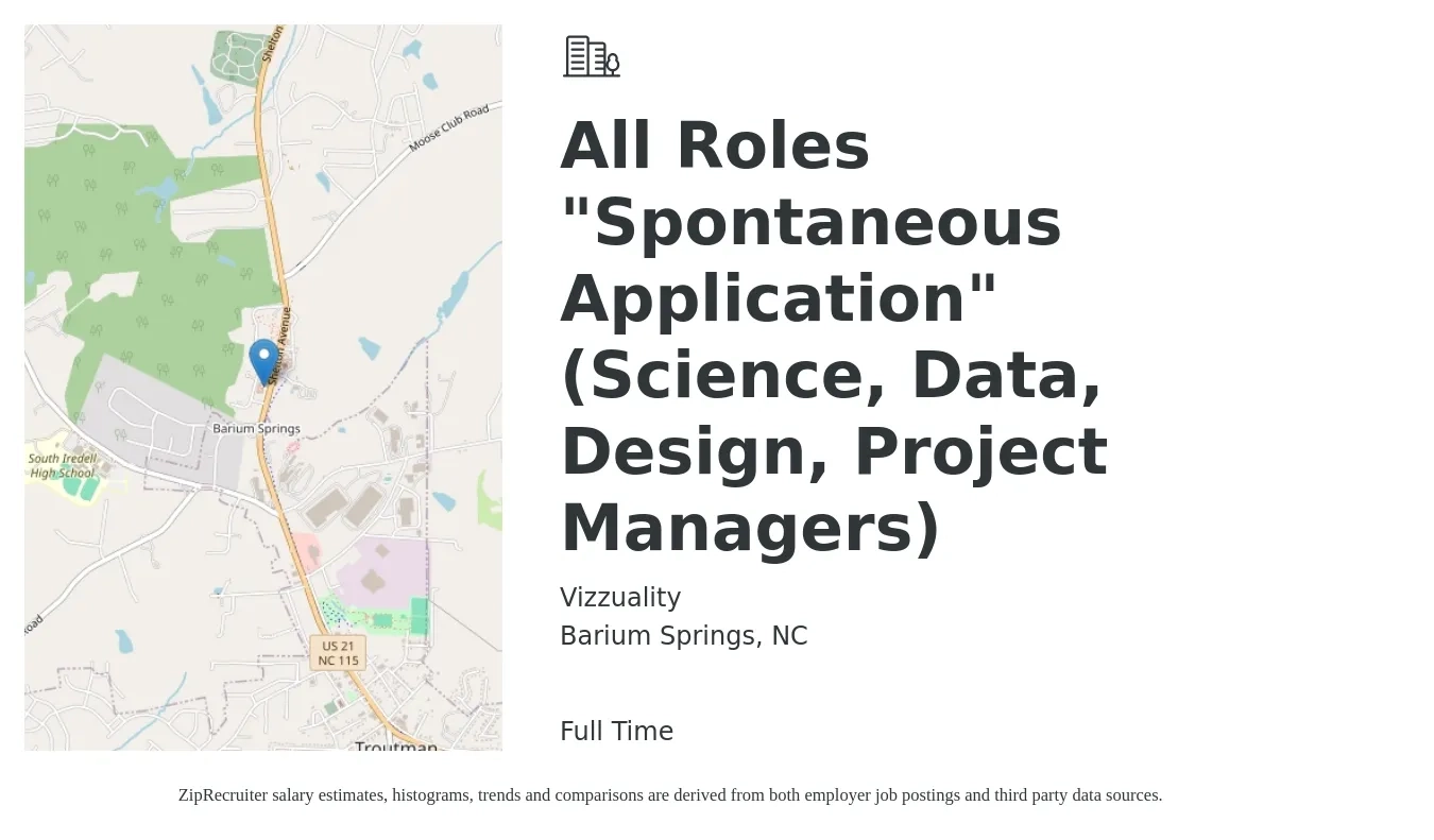 Vizzuality job posting for a All Roles "Spontaneous Application" (Science, Data, Design, Project Managers) in Barium Springs, NC with a salary of $90,100 to $123,800 Yearly with a map of Barium Springs location.