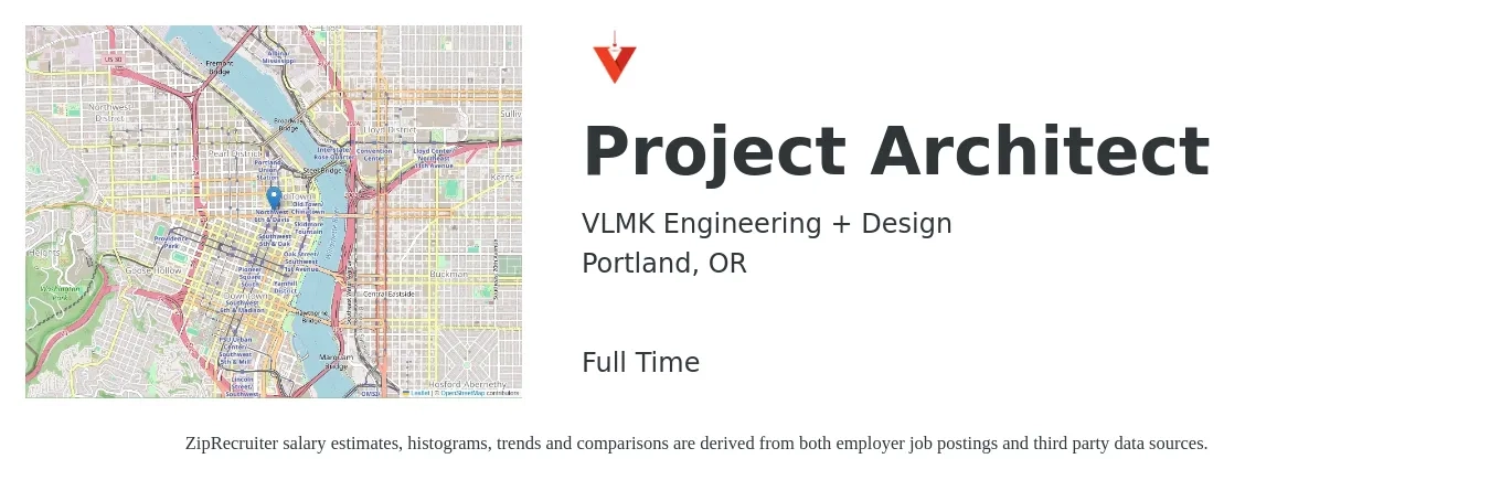 VLMK Engineering + Design job posting for a Project Architect in Portland, OR with a salary of $87,900 to $117,500 Yearly with a map of Portland location.