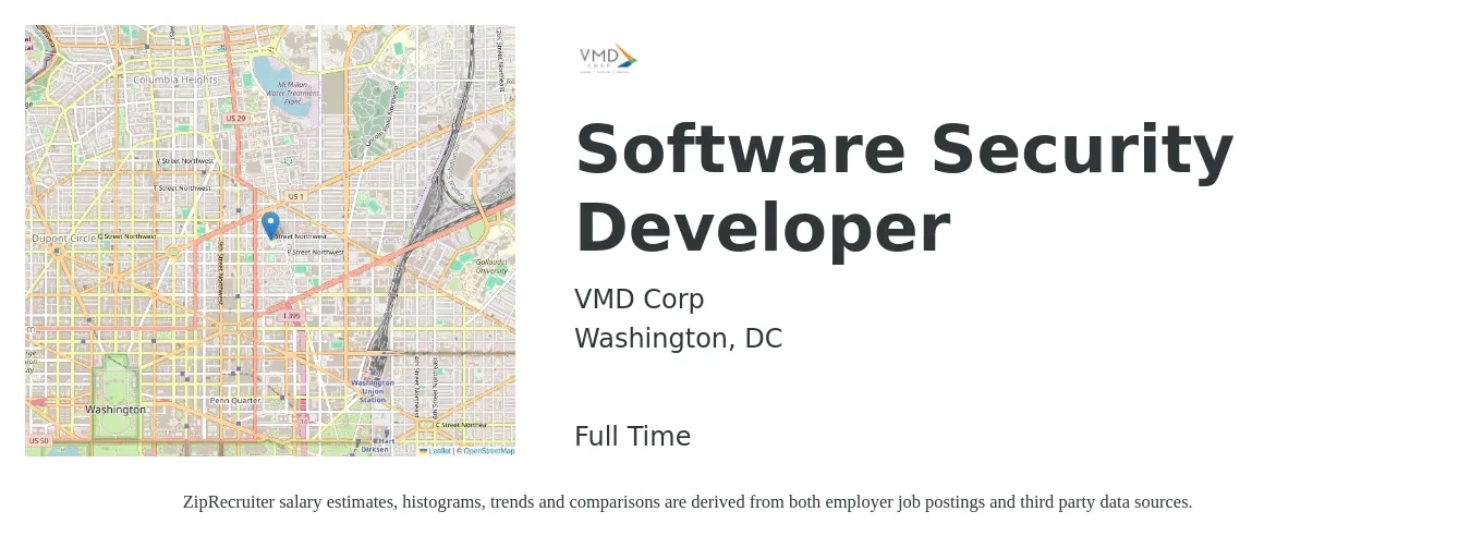 VMD Corp job posting for a Software Security Developer in Washington, DC with a salary of $101,900 to $147,200 Yearly and benefits including retirement, vision, dental, life_insurance, and medical with a map of Washington location.