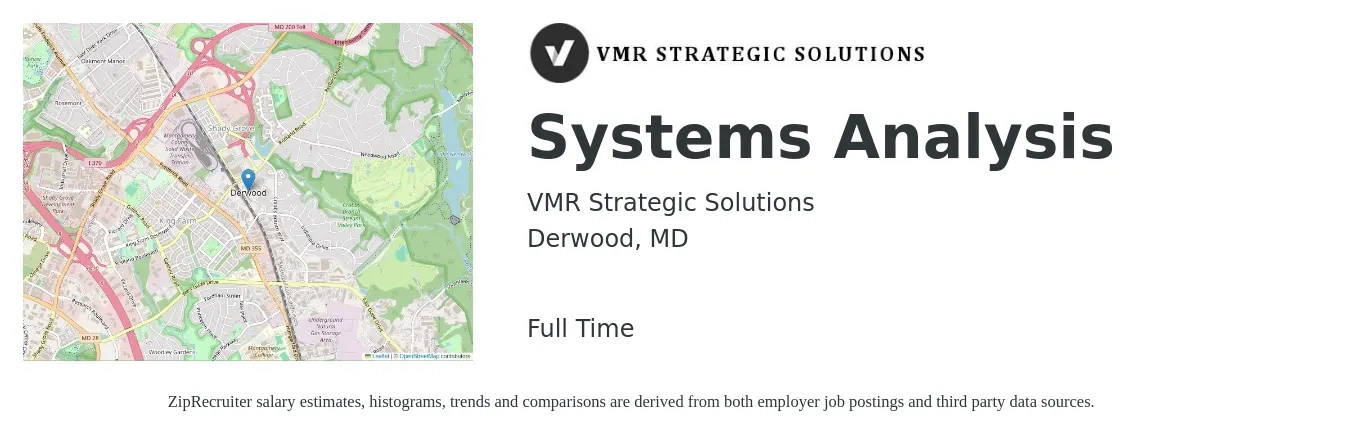VMR Strategic Solutions job posting for a Systems Analysis in Derwood, MD with a salary of $102,700 to $164,500 Yearly with a map of Derwood location.