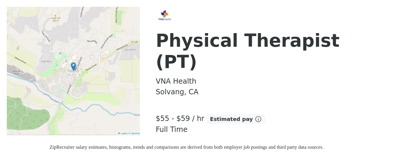 VNA Health job posting for a Physical Therapist (PT) in Solvang, CA with a salary of $58 to $62 Hourly with a map of Solvang location.