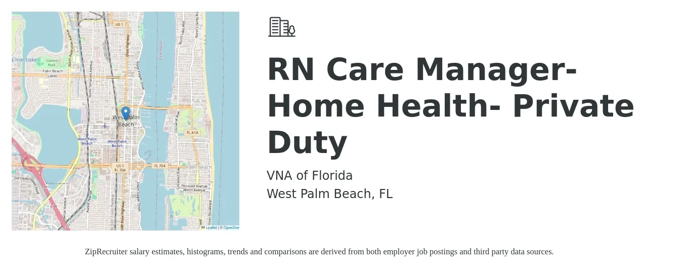 VNA of Florida job posting for a RN Care Manager- Home Health- Private Duty in West Palm Beach, FL with a salary of $36 to $51 Hourly with a map of West Palm Beach location.
