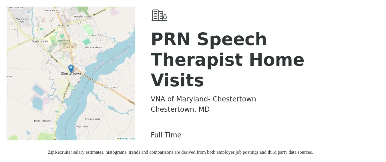 VNA of Maryland- Chestertown job posting for a PRN Speech Therapist Home Visits in Chestertown, MD with a salary of $38 to $52 Hourly with a map of Chestertown location.