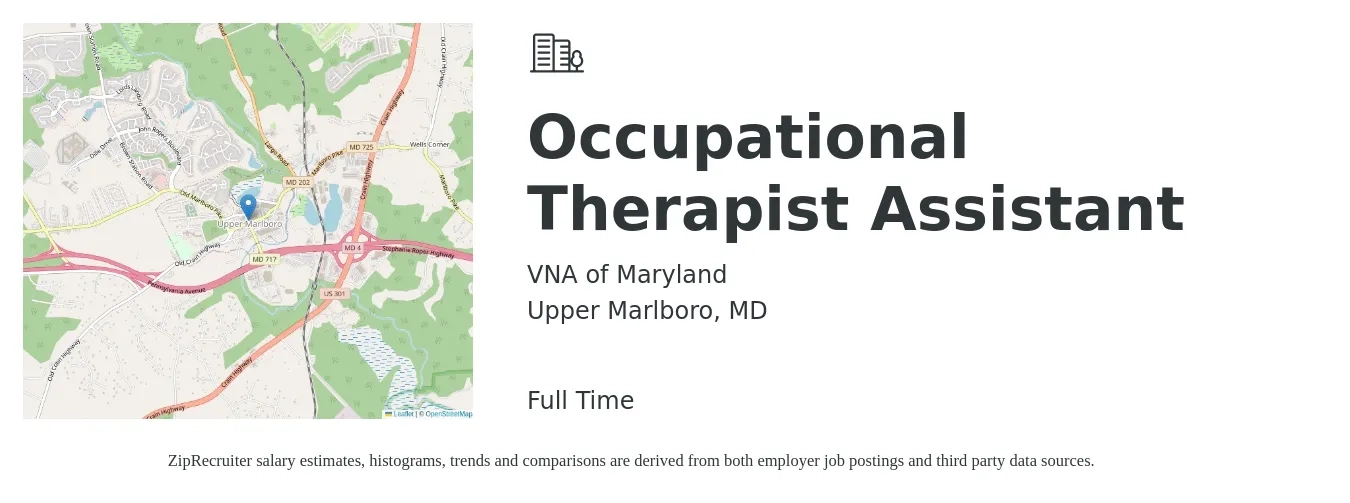 VNA of Maryland job posting for a Occupational Therapist Assistant in Upper Marlboro, MD with a salary of $26 to $35 Hourly with a map of Upper Marlboro location.