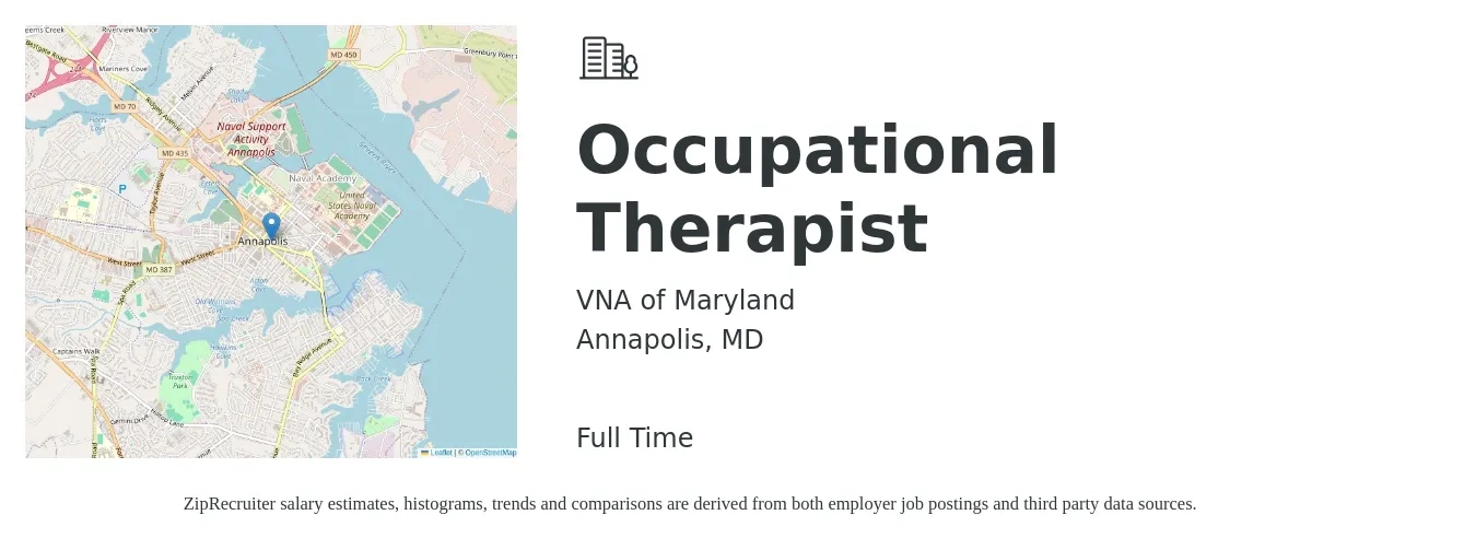 VNA of Maryland job posting for a Occupational Therapist in Annapolis, MD with a salary of $40 to $52 Hourly with a map of Annapolis location.